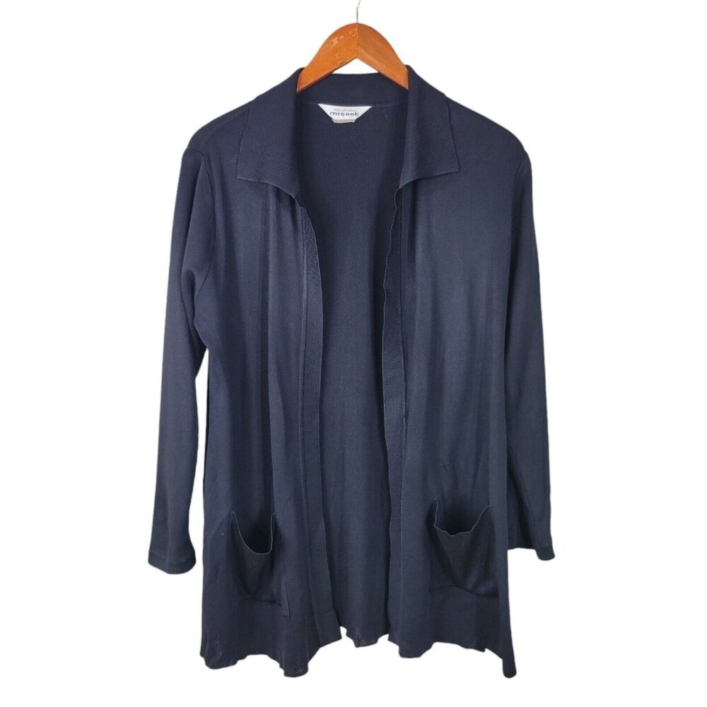 Exclusively Misook Cardigan Sweater Jacket Small Black Pockets Open Front Collar